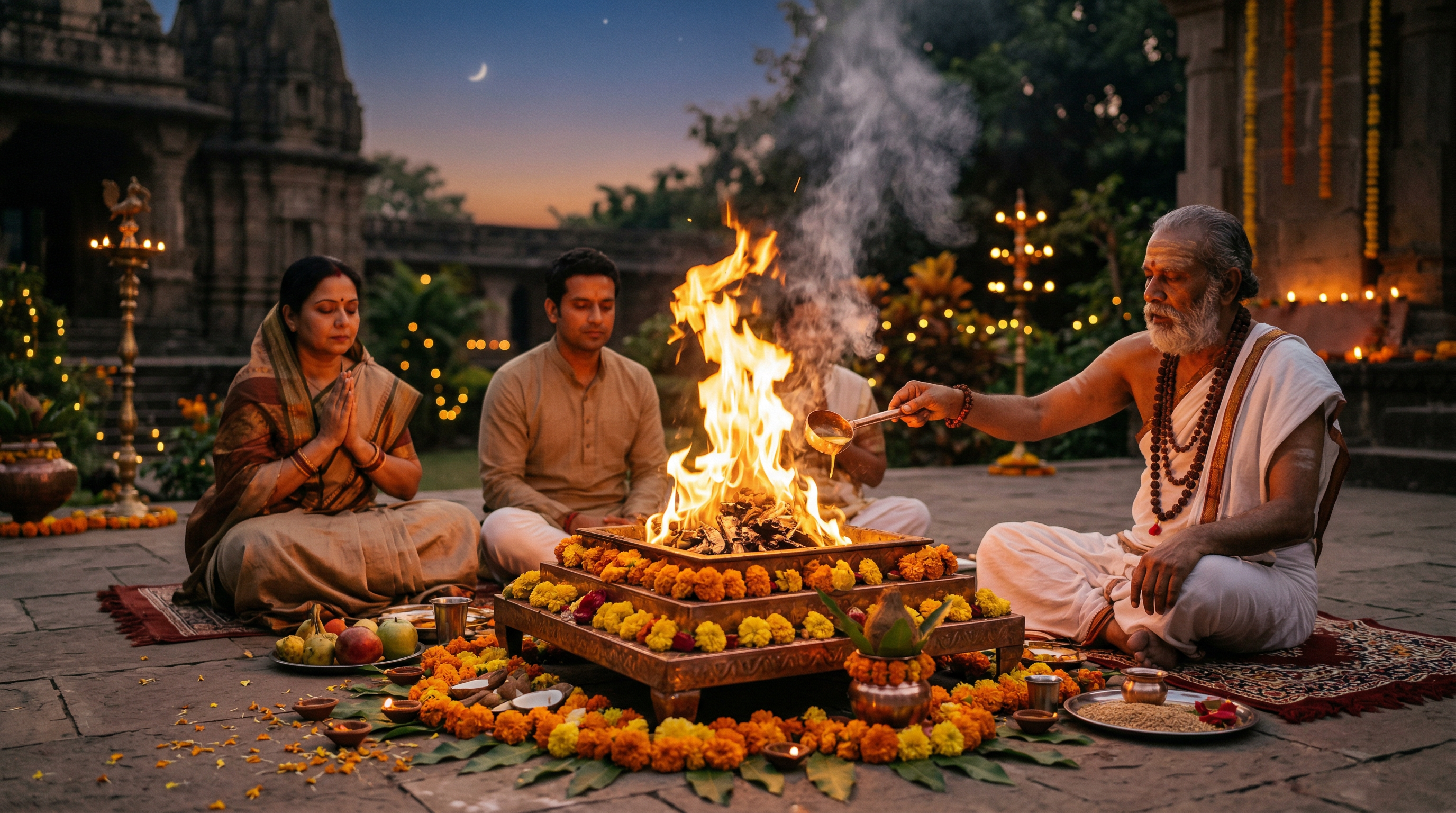 Sacred Vedic fire ceremony at twilight with golden flames